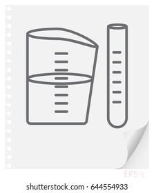 Vector linear illustration of chemical vessels on a sheet of paper with a curved corner and holes from springs, school line icon.