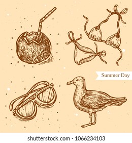 Vector linear illustration of coconut, eyeglasses, swimsuit, seagull isolated on paper background with abstract texture. Hand drawn sketch in retro style  of hat, sea shell. Image in vintage style