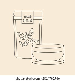 Vector linear illustration coffee scrub, lotion and cosmetic cream. Beauty cosmetics for daily body care.