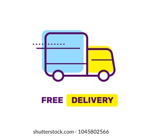 Vector linear illustration of color delivery van on white background with text. Flat line art business abstract design for web, site, advertising, fast delivery banner