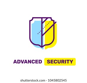 Vector linear illustration of color security shield on white background with text. Flat line art business abstract design for web, site, advertising, antivirus software banner