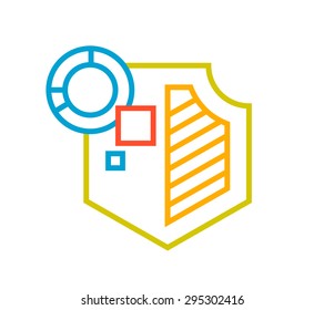 Vector linear illustration of color shield on white background. Hand draw line art design for web, site, advertising, banner, poster, board and print.  
