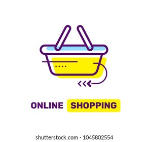 Vector linear illustration of color shopping basket on white background with text. Flat line art business abstract design for web, site, advertising, banner