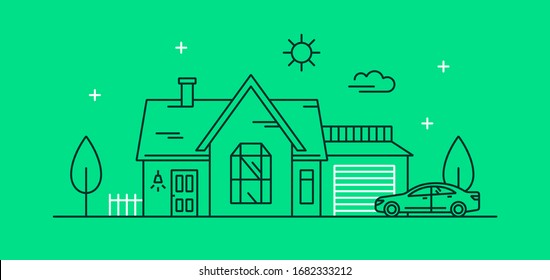 Vector linear illustration of a cozy house with a garage and a car. Home icon for website. Concept of internet banner for real estate sale.