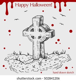 Vector linear illustration of the cross headstone with blood stains,spots,drops and text Happy Halloween on the grey background.Hand drawn sketch of the celtic tombstone,grass and birds in the sky.