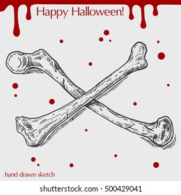 Vector linear illustration of the crossed human bones with blood stains,spots,drops and text Happy Halloween on the grey background. Hand drawn sketch of the bones.