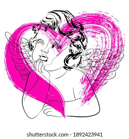 Vector linear illustration of cute dreamy little cupid with wings on a pink heart background. Isolated image of an angel. Drawing for valentine's day.