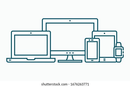 Vector Linear Illustration Of Devices For Responsive Web Programming. Computer, Laptop, Tablet, Phone And Smartwatch In Outline Flat Style