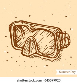 Vector linear illustration of the diving mask isolated on paper background with abstract texture. Hand drawn sketch in retro style  of swim mask. Image in vintage style for design.