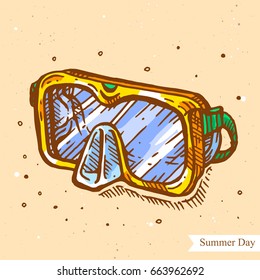 Vector linear illustration of the diving mask with flower isolated on paper background with abstract texture. Hand drawn color sketch in retro style  of swim mask. Image in vintage style for design.