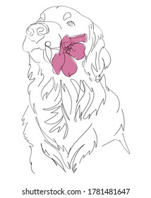vector linear illustration of a dog with a pink flower in its mouthon white background