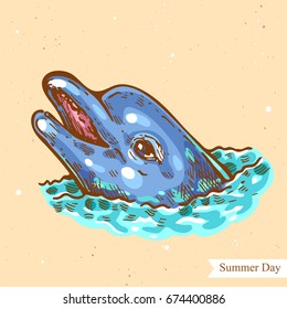 Vector linear illustration of the dolphin isolated on paper background with abstract texture. Hand drawn color sketch in retro style of the fish in the sea. Image in vintage style for design.