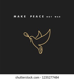 Vector linear illustration dove holding olive branch. Symbol of peace on earth. Golden color. Typography quote