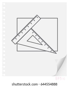 Vector linear illustration of drawing accessories on a sheet of paper with a curved corner and holes from springs, school line icon.