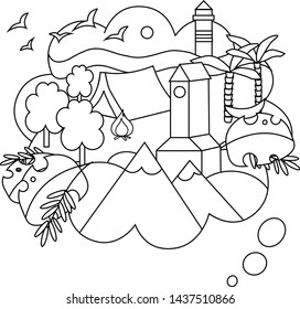 Vector linear illustration of the dream trip. Different tipes and variants of travelling.    Travelling to the mountains, seaside, forest or tropics and sightseeing. 