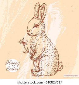 Vector linear illustration of the easter bunny with flower. Hand drawn vintage sketch with text Happy Easter on the background with abstract paper texture. Image in retro style for design. 