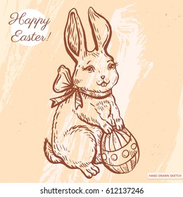 Vector linear illustration of the easter bunny sitting with easter egg. Hand drawn sketch with text Happy Easter on the background with abstract paper texture. Image in vintage style for design.
