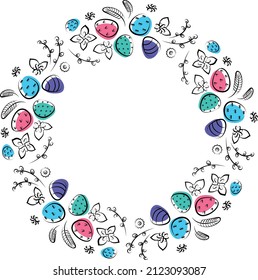 Vector linear illustration of Easter wreath made of flowers and eggs and feathers 