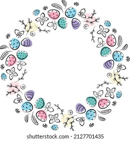 Vector linear illustration of Easter wreath made of flowers and eggs and feathers 