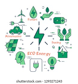 Vector linear illustration of eco energy sign as alternative energy source. Several outline eco icons around. Web banner for ecology, innovations types of energy on white background