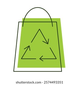 Vector linear illustration of an eco-friendly paper shopping bag icon on a white background.