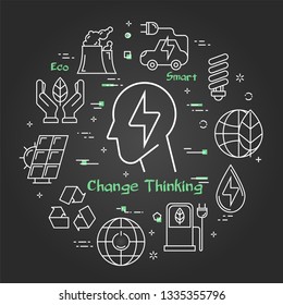 Vector linear illustration of electricity sign in human head as change thinking concept. Several outline eco icons around. Web banner for ecology, innovations types of energy on black chalk board