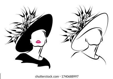 Vector linear illustration of an elegant girl in a hat. Isolated image of a beautiful woman. Sketch in retro style.