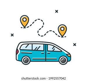 Ilustración vectorial lineal con la furgoneta familiar de vacaciones, la ubicación y la ruta de viaje. Icono minimalista en minivan de color. Concepto de servicios de transporte y alquiler de coches. 