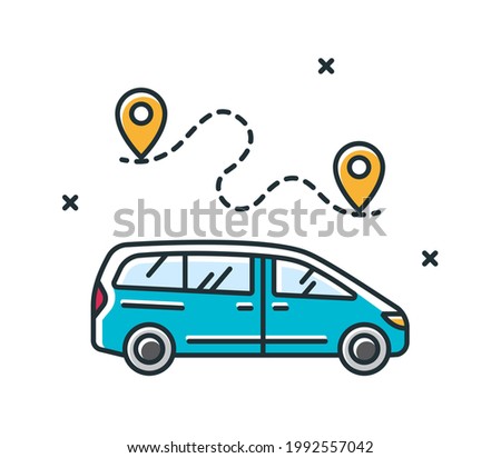 Vector linear illustration with family vacation van, location and travel route. Colored minimalistic minivan icon. Concept for transport services and car rental. 