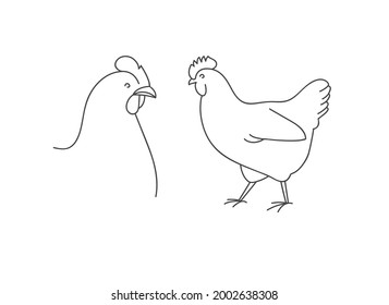 Vector linear illustration farm animal - chicken isolated in white background.