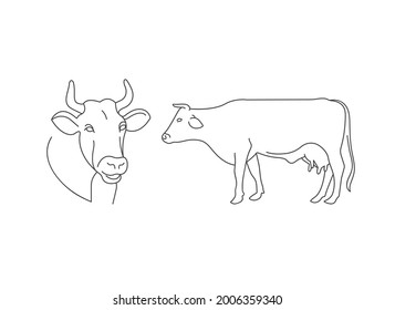 Animales de granja de ilustraciones lineales vectoriales: vaca aislada en fondo blanco