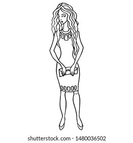 Vector linear illustration of the fashion model in dress with case isolated on white background. Hand drawn sketch of fashion girl. Image in vintage style of business woman.