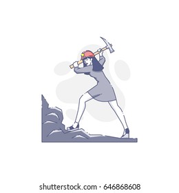 Vector Linear Illustration Of Female Coal Miner Working With Pick Axe In Ore. Bit Coin Mining Design Concept. Linear Flat Design Concept In Blue Tone Isolated On White Background