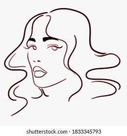 vector linear illustration of a female face with curly hair. minimalistic drawing symbol for beauty services. cosmetics and hair salon design.