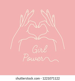 Vector linear illustration of female hands show heart silhouette. Heart shape. Concept illustration of girl power and woman motivational slogan