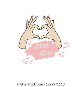 Vector linear illustration of female hands show heart silhouette. Heart shape. Concept illustration. Good vibes