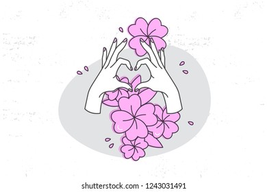 Vector linear illustration of female hands show heart silhouette. Heart shape with flowers. Concept illustration of girl power