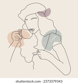 Vector linear illustration of a female head. The girl drinks tea, coffee.Drawing in the style of one line. Minimalist logo of Woman Line Art.