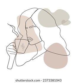 Vector linear illustration of a female head. The girl drinks tea, coffee.Drawing in the style of one line. Minimalist logo of Woman Line Art. Poster for a coffee shop