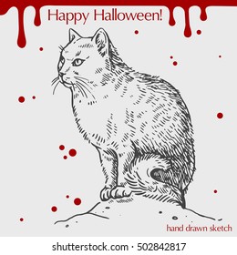 Vector linear illustration of the fluffy cat,blood stains,spots,text Happy Halloween on the grey background.Hand drawn sketch of the sitting wicked cat.Linear image for your design in vintage style.