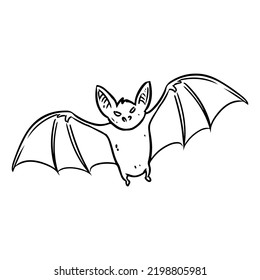 Vector linear illustration of the flying bat. Funny comic style cute bat doodle. Hand-drawn isolated icon. Element for Halloween or pagan witchcraft theme stickers, prints, laser cut files