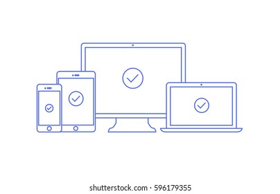 Vector linear illustration of four devices for responsive web programming. Computer laptop tablet and phone in outline flat style