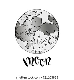 Vector linear illustration of full night moon on white background. Hand drawn sketch with lettering. Image in vintage style for your design, Halloween.