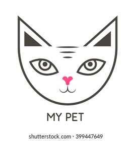 Vector linear illustration of funny cat. Logo icon design template. Concept for pet shop or veterinary. Vet, cat forage, pet store, feed. Isolated flat style brand design vector illustration. Kitty.