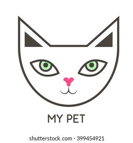 Vector linear illustration of funny cat. Logo icon design template. Concept for pet shop or veterinary. Vet, cat forage, pet store, feed. Isolated flat style brand design vector illustration. Kitty.