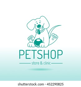 Vector linear illustration of funny cute happy puppy dog on white background. Cartoon logo icon design template. Abstract symbol for pet shop, veterinary clinic, animal care concepts