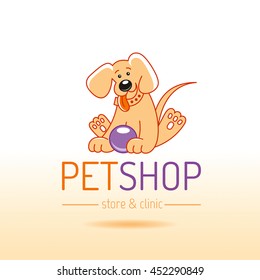 Vector linear illustration of funny cute happy puppy dog on white background. Cartoon logo icon design template. Abstract symbol for pet shop, veterinary clinic, animal care concepts