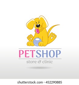 Vector linear illustration of funny cute happy puppy dog on white background. Cartoon logo icon design template. Abstract symbol for pet shop, veterinary clinic, animal care concepts