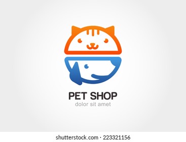 Vector linear illustration of funny muzzle of cat and dog. Logo icon design template. Abstract concept for pet shop or veterinary. 