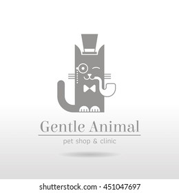 Vector linear illustration of funny vintage cat in hat, bow tie, with pipe and eyeglass monocle on white background. Logo icon design template. Abstract concept symbol for pet shop, veterinary clinic